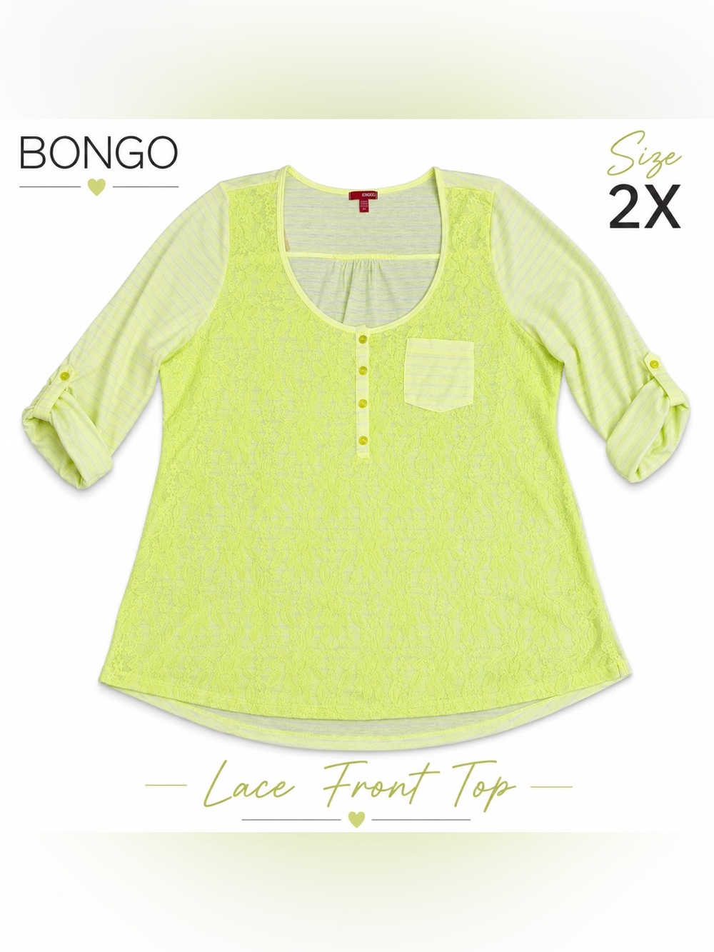 Bongo Neon Yellow Lace Striped Top Size 2X